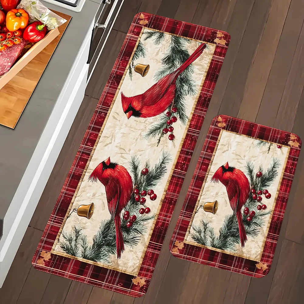 Long Floor Carpet Christmas Cardinal Bird Plaid Border Red Pine Bedside Laundry Room Hallway Sofa Side Kitchen Door Mat