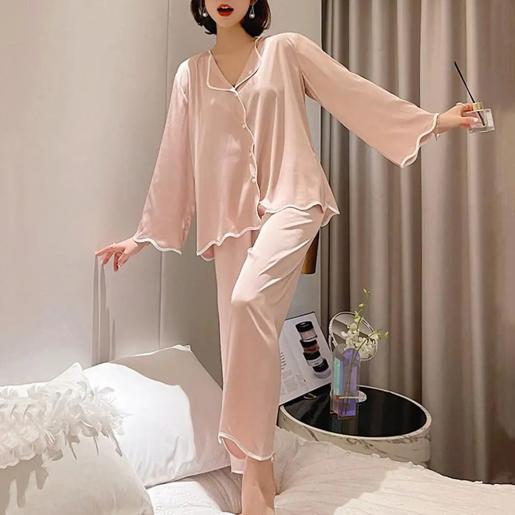 Women Loungewear Set Two-piece Pajama Set Elegant Satin Pajama Set with Bow Printing Button-down Shirt Wide Leg for Spring