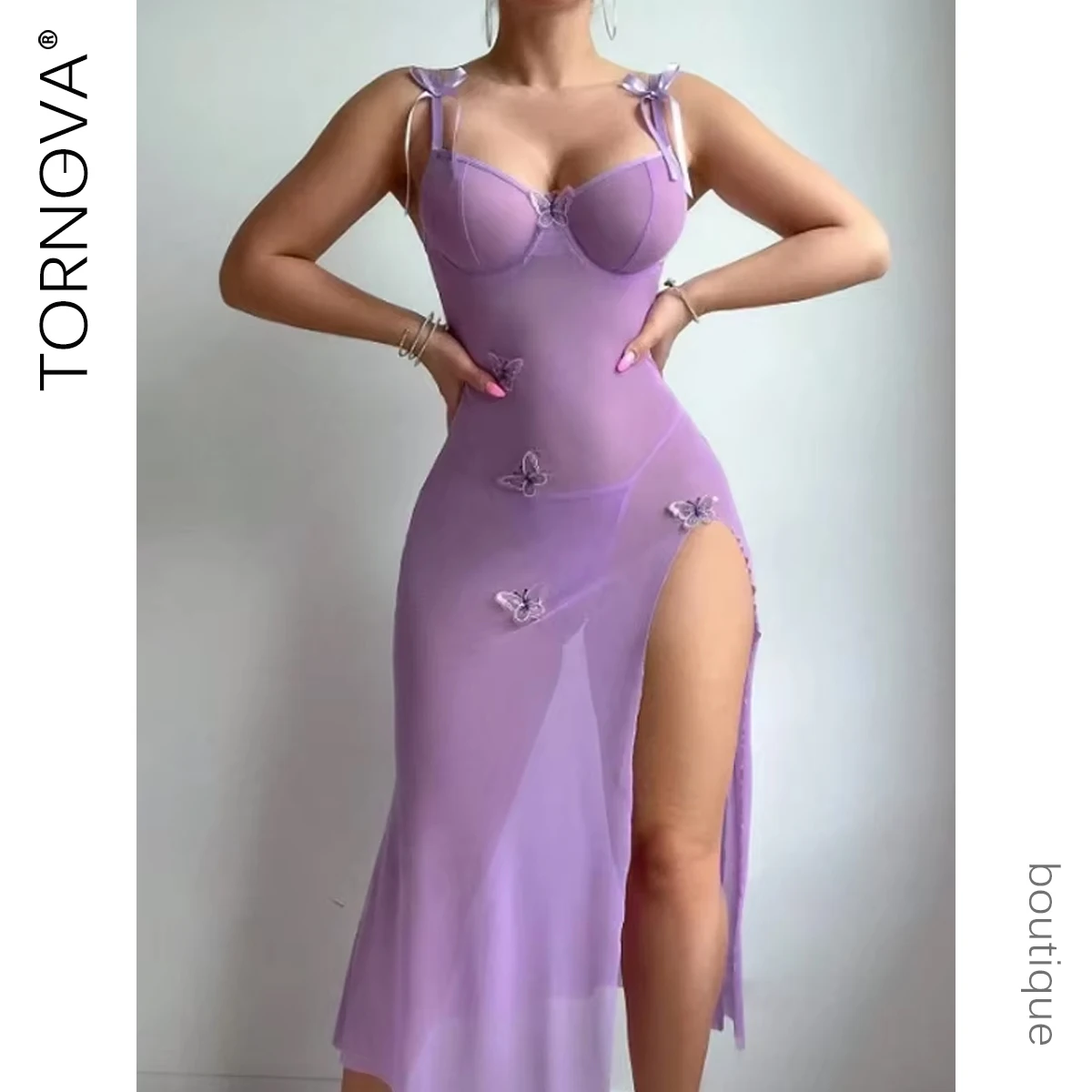 

Tornova Mesh See-Through Tempting Lace Backless High Slit Light Blue Sexy Bow Knot Lace Up Suspender Belt Dress Erotic Suit New