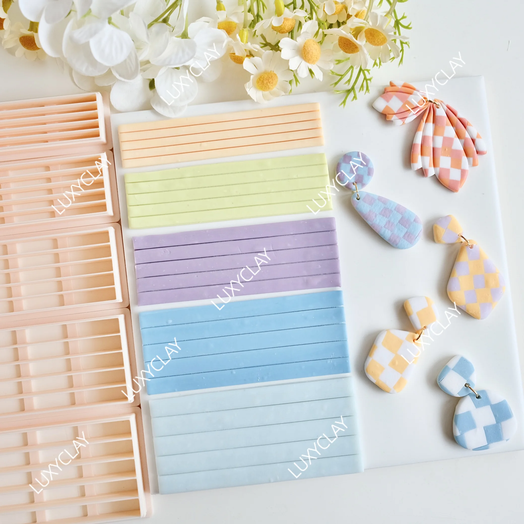 Five Sizes Straight Line Clay Molds, Stripe Shape Checkered Slab Creator Lined Rectangle Clay Cutters for Earring Jewelry Making
