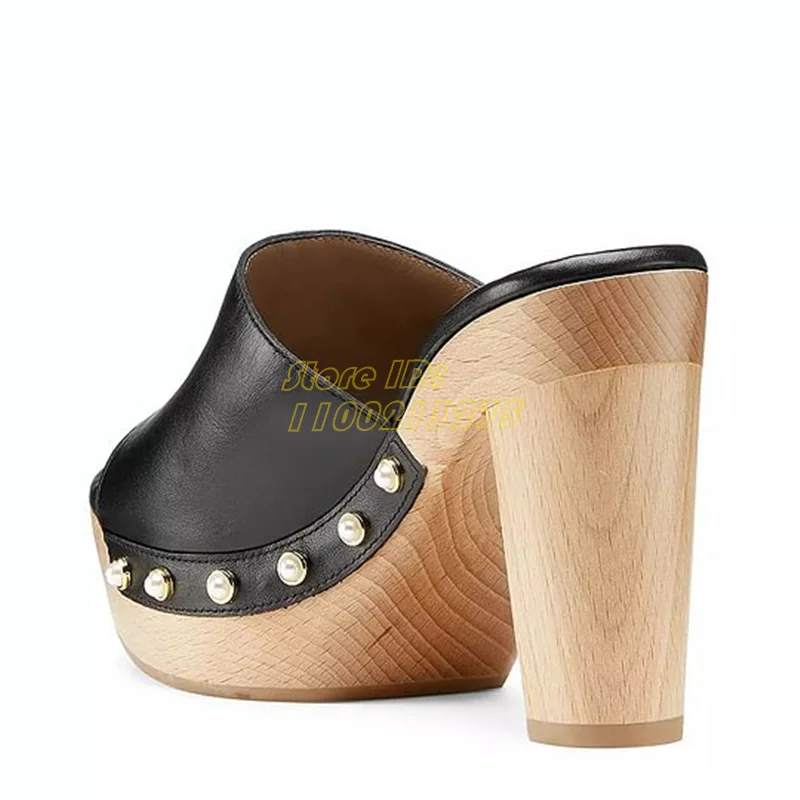 Black Matte Leather Slippers Wooden Platform Block Heel Fashion 2024 Summer Open Toe Slip On Dress Women Sandals