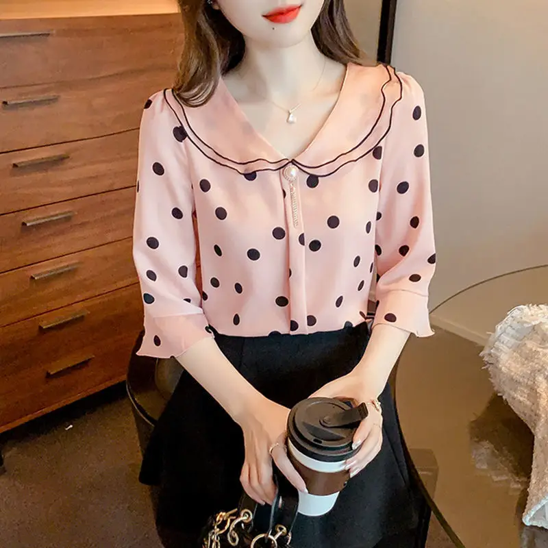 Sweet Peter Pan Collar Printed Flare Sleeve Polka Dot Blouse Women Clothing 2023 Summer New Oversized Casual Tops Beading Shirt