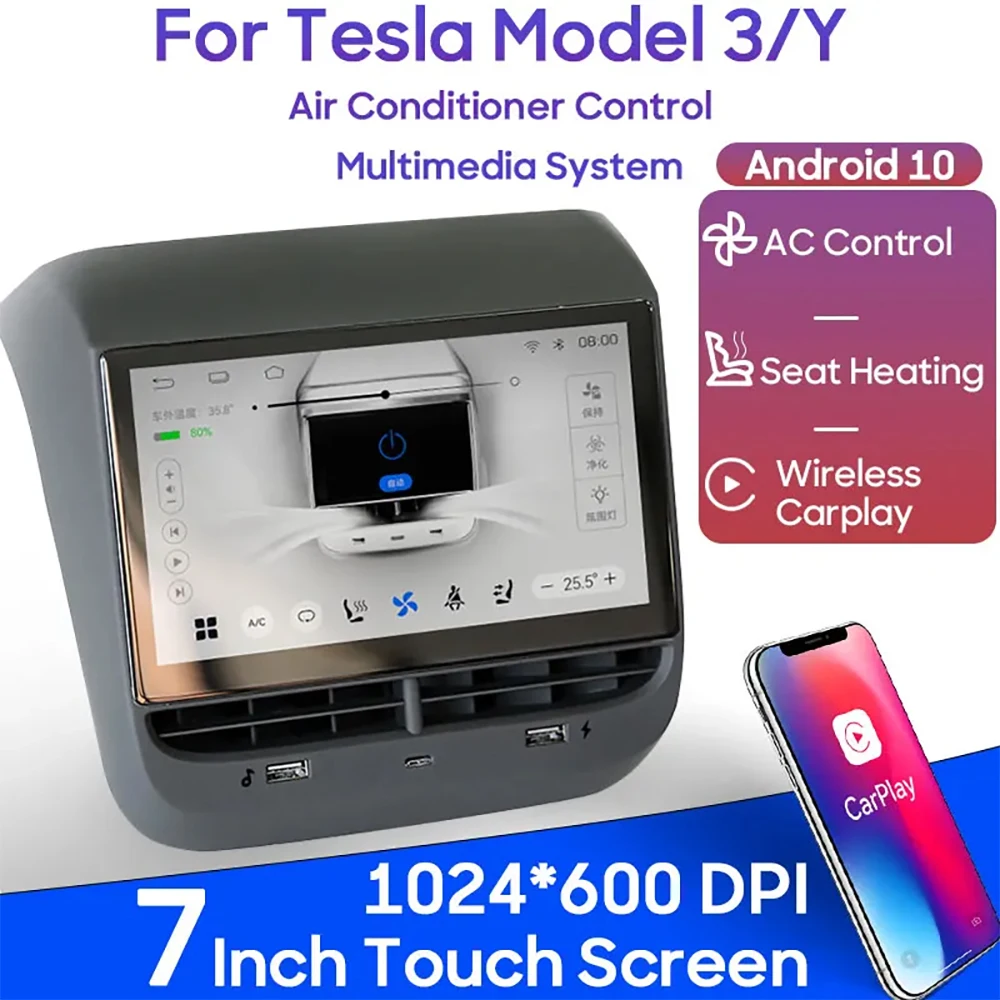 CARVIEW 7.0 inch Screen Android 12 For Tesla Model 3 Y Rear Display Panel Air Conditioner Control IPS Multimedia Player Radio C