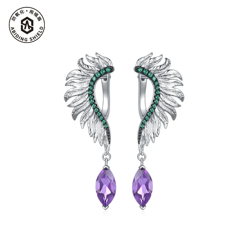 

brand genuine Luxury real jewels Designer angel wings Italy 925 silver inlaid natural color treasure Amethyst Earrings high qual