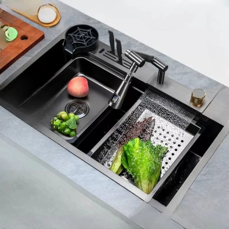 

Nano Kitchen Sink Waterfall Digital Display Sink 304 Stainless Steel Knife Rest Sink Kitchen Fruit And Vegetable Washing Sink