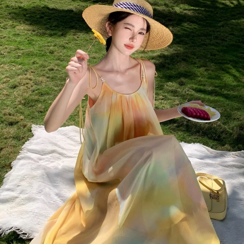 

French Yellow Smudged Temperament Slip Dress Ladies Summer Slip Chiffon Holiday Beach Dress Casual Long Dress