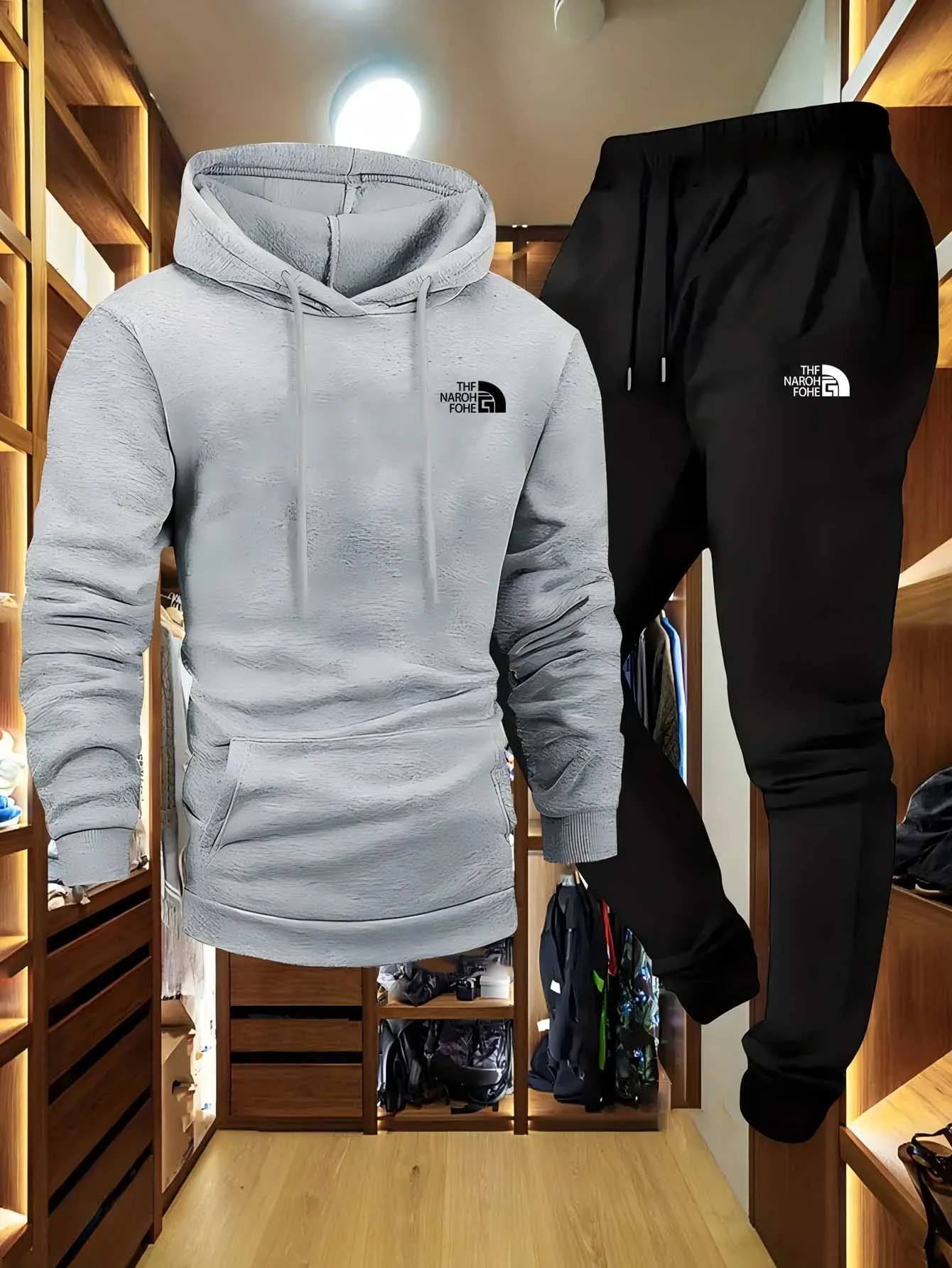 Outono e inverno masculino padrão casual conjunto de duas peças moletom com capuz e calças com bolsos ajuste regular esporte ao ar livre terno