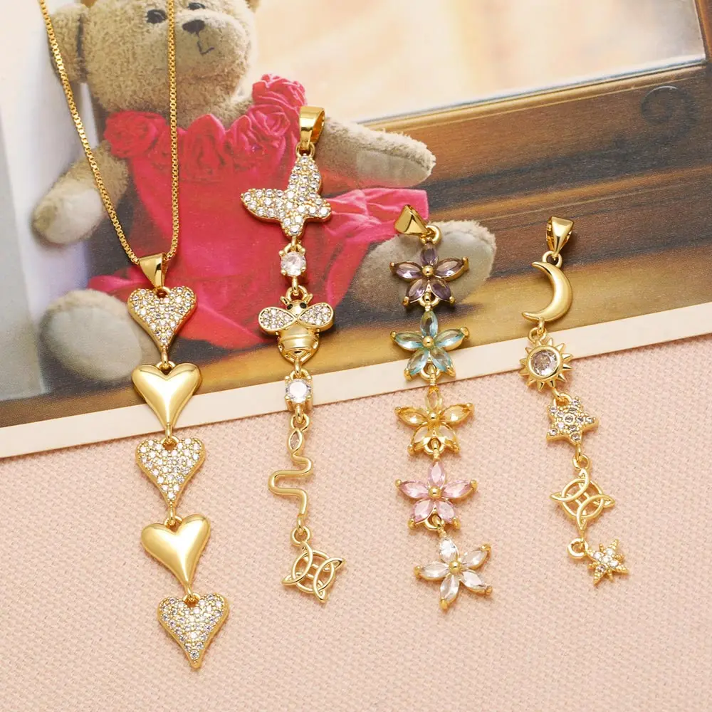 OCESRIO Long Heart Flower Pendant for DIY Copper Gold Plated Crystal Butterfly Bee Moon Star Charm Jewelry Making pdta099