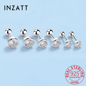 Inzatt real 925 prata esterlina zircão redondo parafuso rosca grânulo brincos para mulheres jóias finas acessórios minimalistas