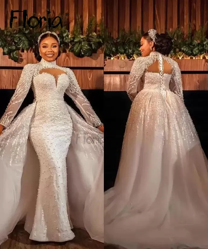 Vestido De novia musulmán De encaje De alta costura, cuello alto, manga larga, tren desmontable, vestidos De novia De talla grande, Vestido De novia hecho a medida