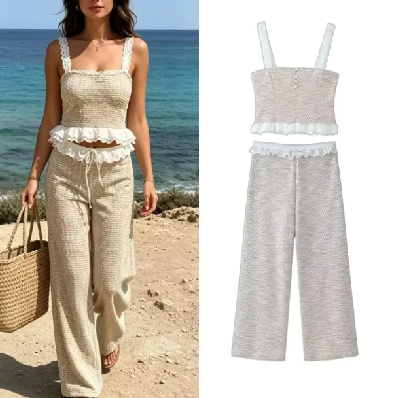 2026 Frühling Damen Weite Hosen Set Lässiges Elegantes Spitzenbesatz-Top U-Ausschnitt Ärmellos 2-Teiliges Outfit Büro-Hosenanzug
