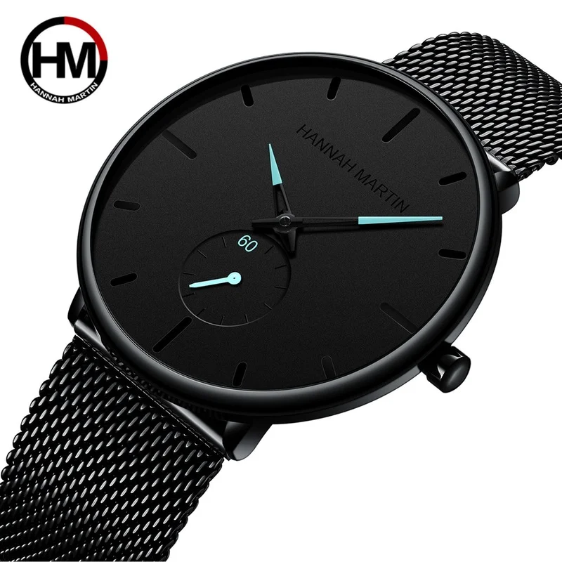 Hannah Martin Men\'s Watch Japan Movement Simple Business Quartz Stainless Steel Mesh Belt Waterproof Men\'s Watch Birthday Gift