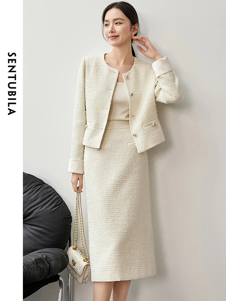 

SENTUBILA Women's Texture Tweed Skirt Set 2025 Autumn Winter Short Jackets Slit-hem Long Skirt Elegant 2 Piece Outfits 143Z56291