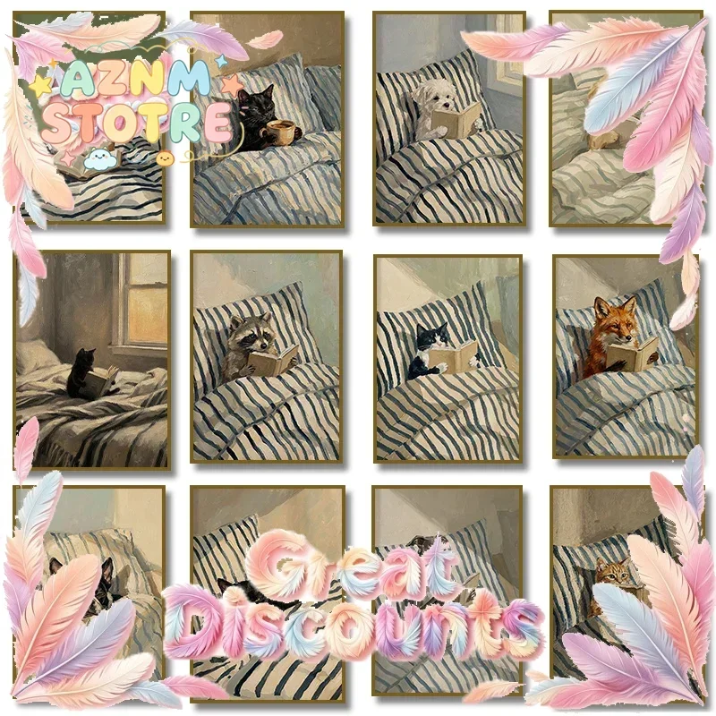 Cute Dog Fox Raccoon Reading Book in Bed Poster Black Cat Drinking Coffee Canvas Painting Wall Art Print Illustration Home De