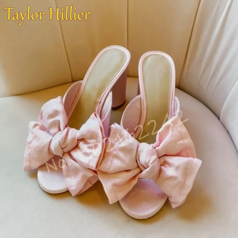 

Pink Bow Open Toe Slippers Round Head Thick Heel Sandals Fashionable And Elegant Outer Wear Beach Dress Women'S Shoes Summer 46