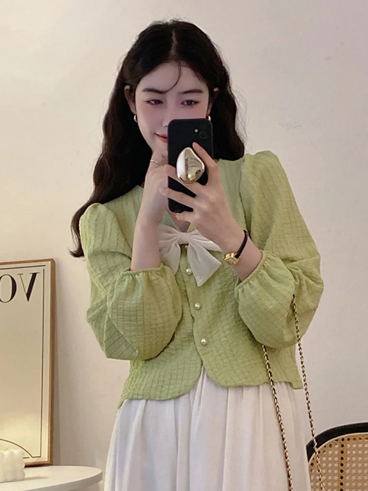 Zoki Sweet Bow Korean Blouse Women Fashion Puff Sleeve V Neck Shirt Casual Loose Preppy Style Female Elegant All Match Fall Tops