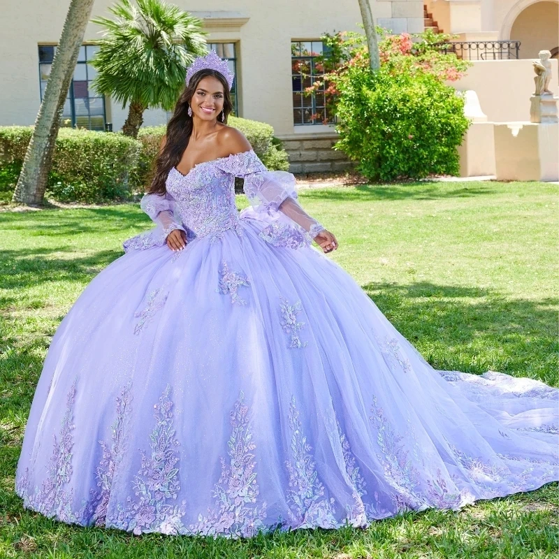 Vestido de quinceañera con hombros descubiertos para fiesta, traje Sexy de manga larga con apliques de cuentas de encaje y cordones, 2024