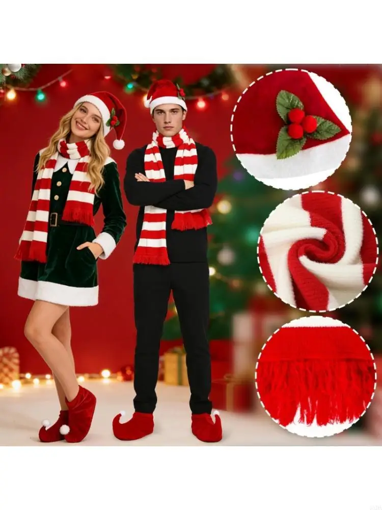 Christmas Costume Styling Set, Quick On and Off Cap Scarf and Shoe Accessories for Parties and Holiday Photos 6XDA