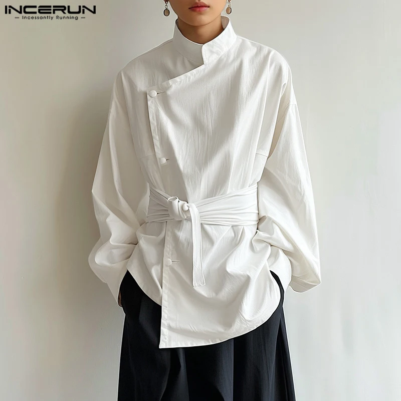 INCERUN Men Irregular Shirt Solid Stand Collar Long Sleeve Lace Up Streetwear Men Clothing 2024 Korean Fashion Casual Shirts