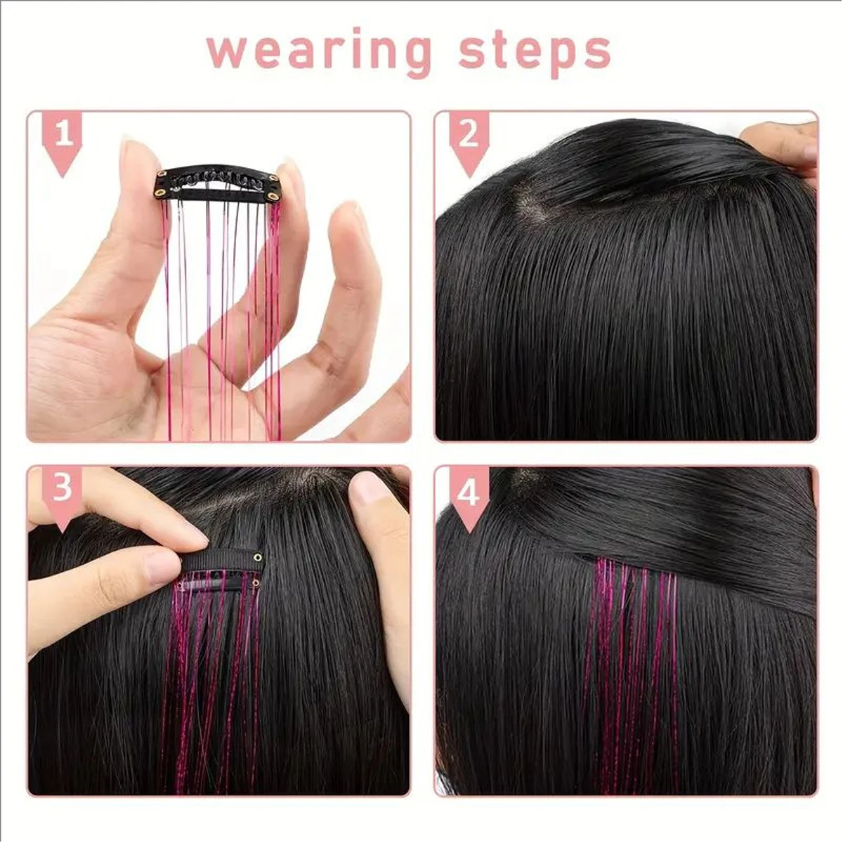 12個入り合成ヘアティンセルクリップ、20インチグリッターティンセルヘアクリップ、耐熱性シャイニースパークルフェアリーヘアティンセルキット