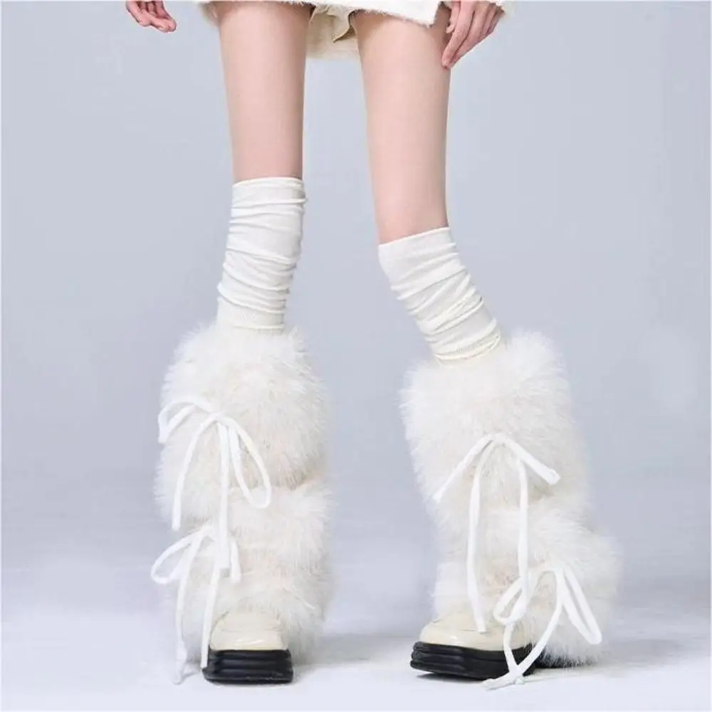 Nowe, puszyste mankiety na buty, zimowe, ciepłe, z kokardką, opaska na buty, grube ocieplacze na nogi, słodki styl Harajuku