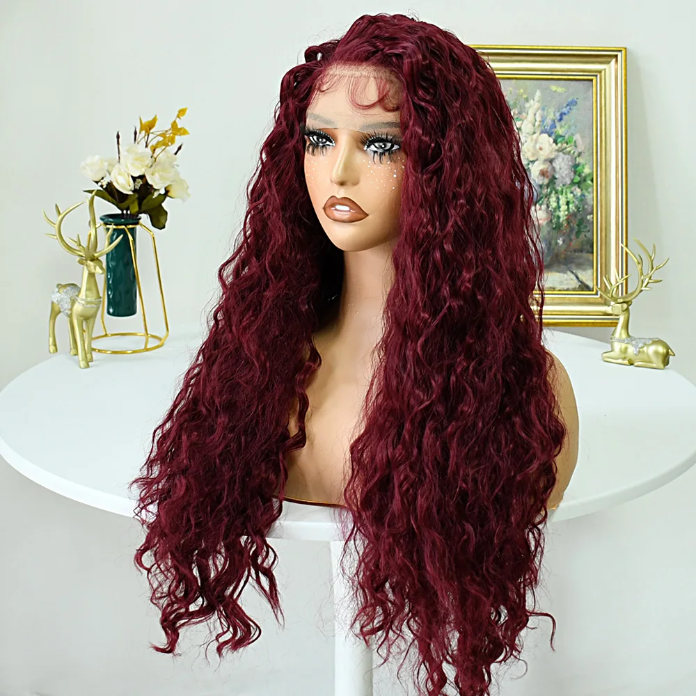 بورجوندي الأحمر الدانتيل شعر مستعار أمامي للنساء السود 13x4 طويل موجة عميقة بيروكات صناعية مع شعر الطفل ألياف مقاومة للحرارة غلويليس