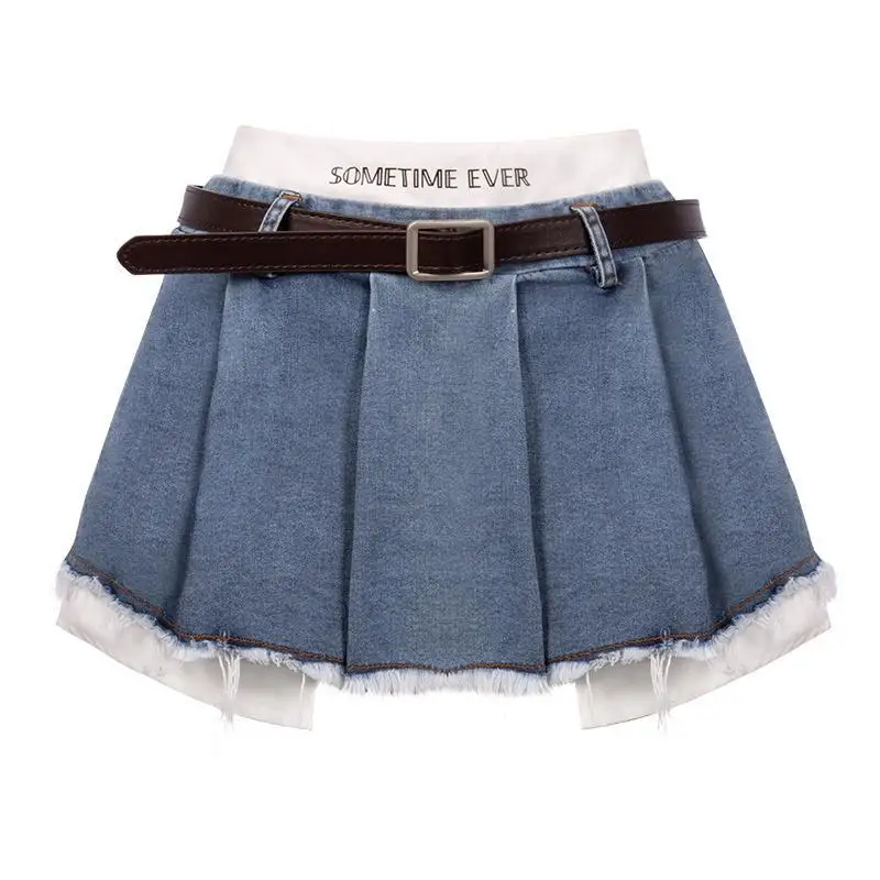 Women\'s Summer New Fashion Sweet Elastic High Waist Panel Letter Ruched Tassel Denim Fake Two Pieces A-line Half Pleated Skirt