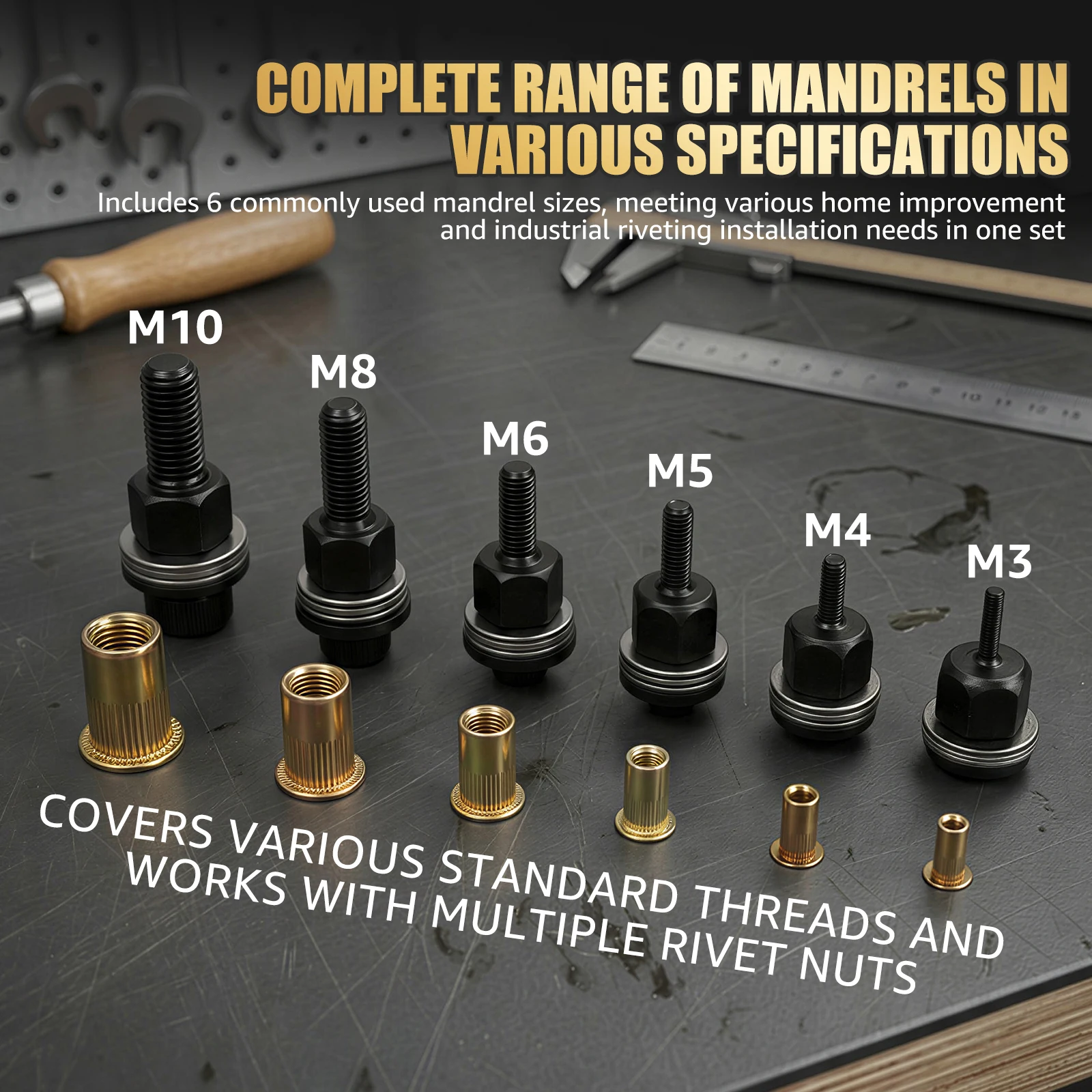 Rivet Nut Mandrel Set M3 M4 M5 M6 M8 M10 Replacement Heads Carbon Steel For Manual And Drill Driven Rivnut Tools Metalwork