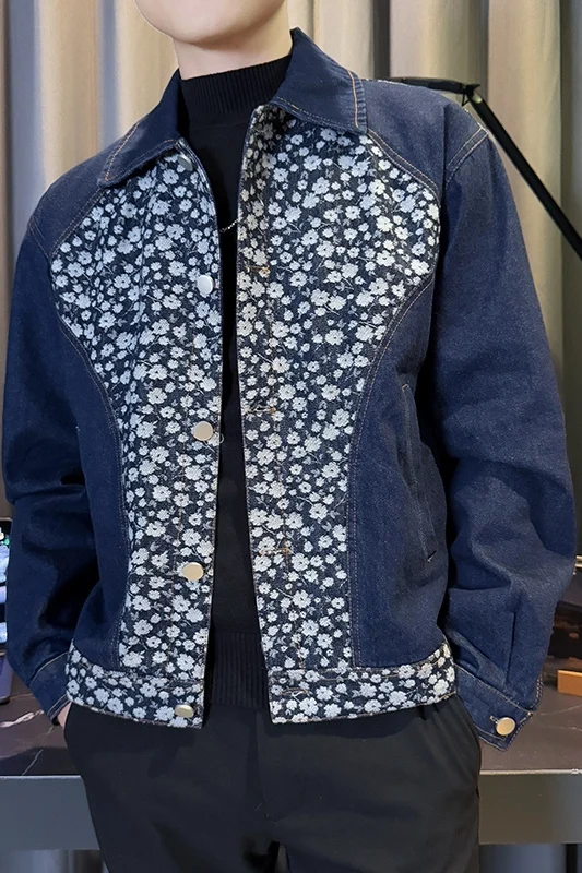 แจ็คเก็ตยีนส์สไตล์เกาหลีสำหรับผู้ชาย ปกเสื้อแบบปกเชิ้ต ลุคเรโทร แต่งผ้าปะติด แนวลำลอง ธุรกิจ และสังคม เสื้อโค้ทยีนส์ผู้ชาย เสื้อผ้าผู้ชาย