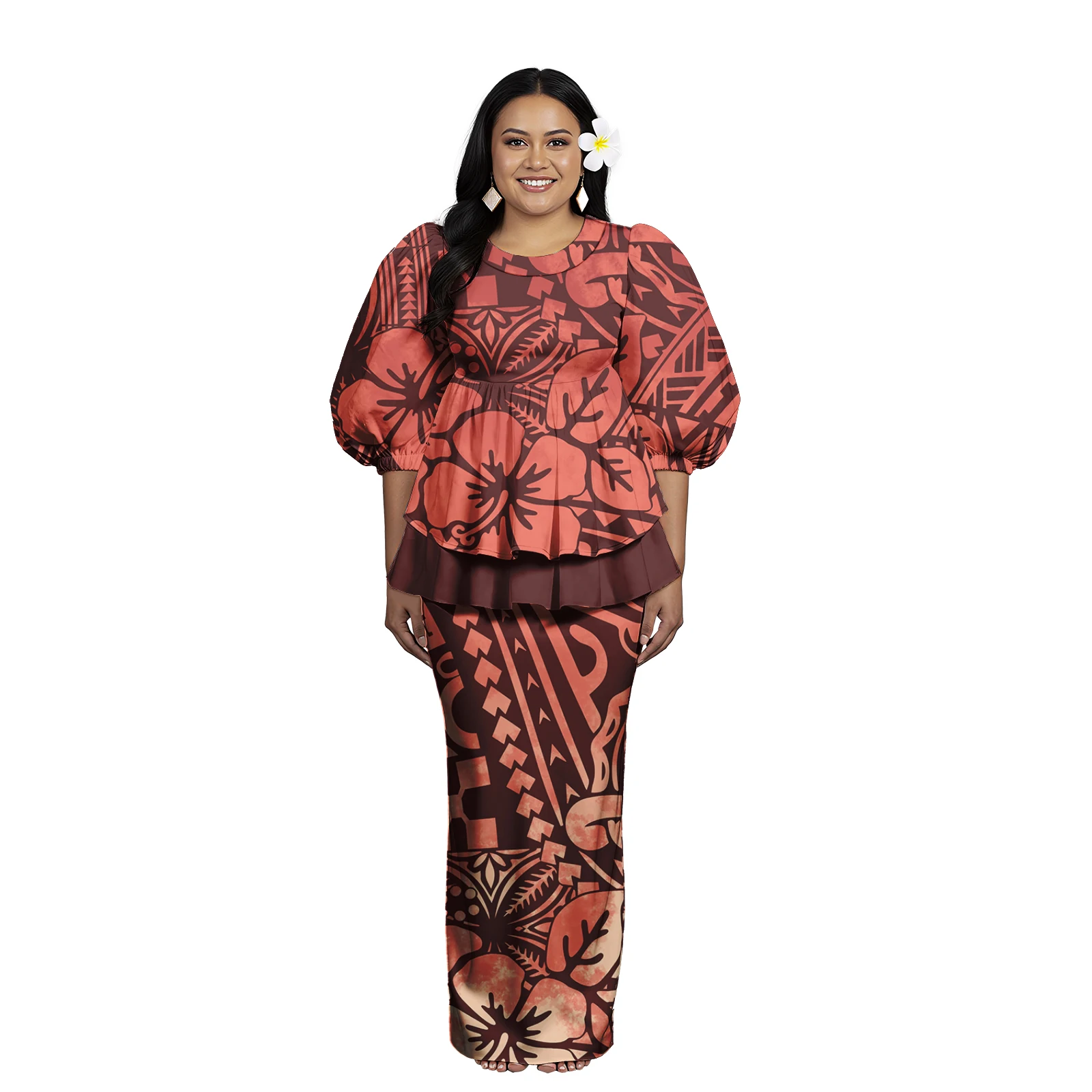 هاواي Puletasi نفخة الأكمام قميص وفساتين النساء 2 قطعة طباعة حسب الطلب Puakenikeni Puletasi حجم كبير فساتين حريمي مخصص