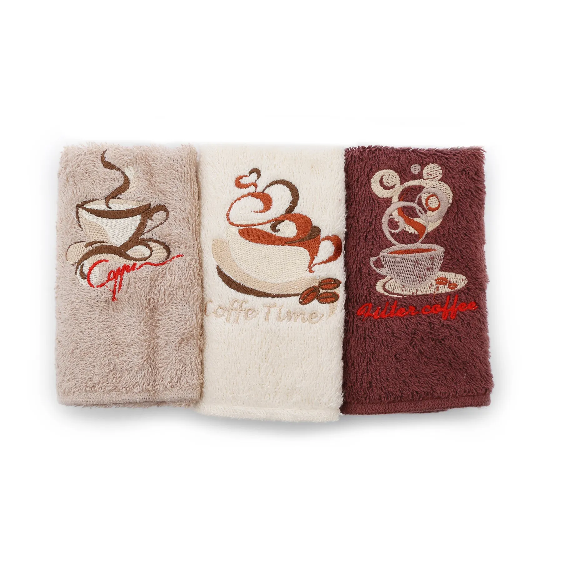 Hand Face Towel 3 Pcs Giftbox Coffee Time Knitted Embroided 100% Turkish Cotton 30x50 cm Kitchen Towel Set