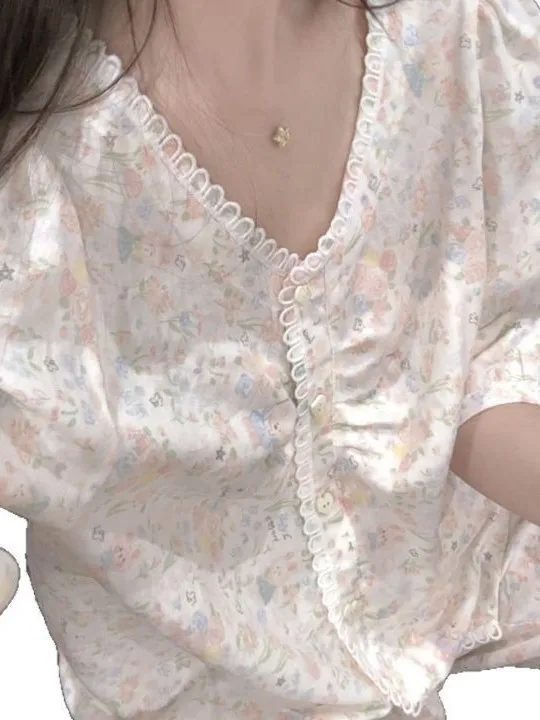2025 Summer Fresh Sweet Cute Casual Cotton Floral Pajamas Loose Fit Wearable Homewear Set