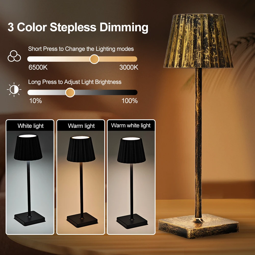 Cordless LED Desk Lamp Touch Control Wireless Table Lamps USB Rechargeable 3 Color Stepless Dimming Atmosphere Lights
