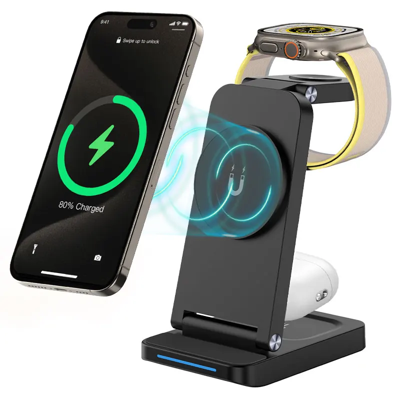 3 in 1 Wireless Charger Desktop Stand 15W Fast Charging Dock Station for iPhone 15 14 13 12 11 AirPods Apple Watch Magnetic Char