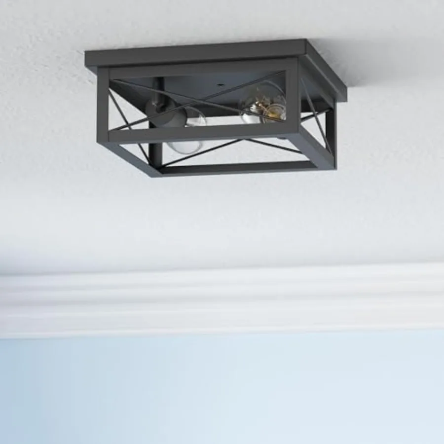 2-Light Industrial Square Flush Mount Ceiling Light, Farmhouse Ceiling Light Fixture for Kitchen, Modern Close to Ceiling Light