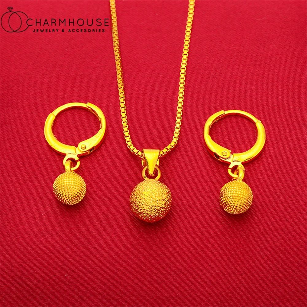 Yellow Gold Plated Jewelry Sets For Women Bead Pendant Necklace Earrings 2 pcs Set Wedding Jewelry Accessories Party Gifts