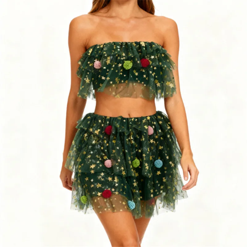 Completi natalizi da donna in due pezzi Top sexy senza spalline con stampa di stelle e minigonna in tulle Set Festival Party Clubwear