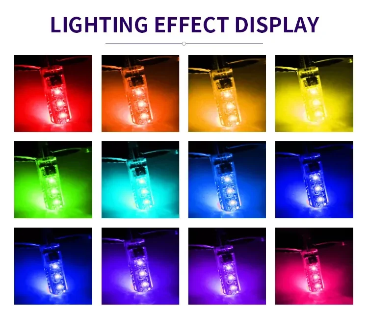 Large lumière LED de voiture en silicone, haute luminosité, 7 documents, télécommande, petites lumières clignotantes, 12V, T10 RGB 5050 6SMD, 1 paire