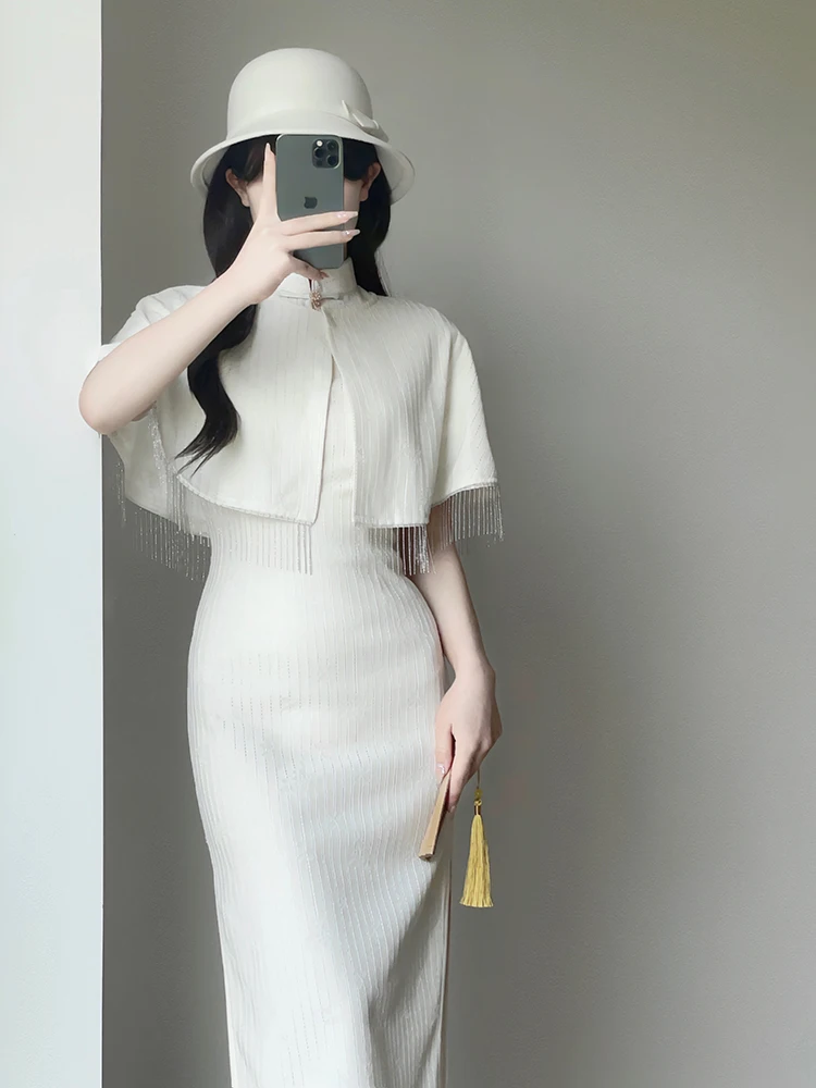 

Ele Young Sle Dr Lace Beautiful Two-Piece Set Improved Daily Wear Retro Sle ort Sve Midi Qipao