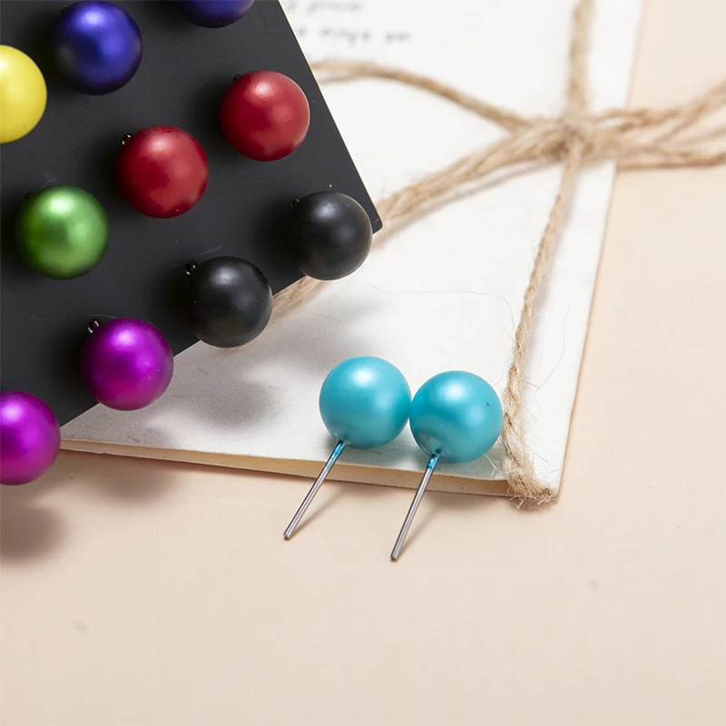 12Pairs/set Classic Colorful Simulated Pearl Stud Earrings Set For Women 12 10 8mm Ear Earrings Jewelry Round Ball Earring Gifts