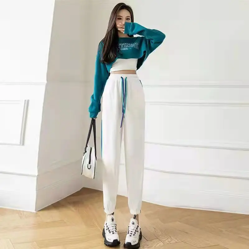 Womens Fashion Embroidered Thin Sweatpants Spring Fall Elastic Cuffed Harem Pants Loose Casual Sport Trousers Versatile