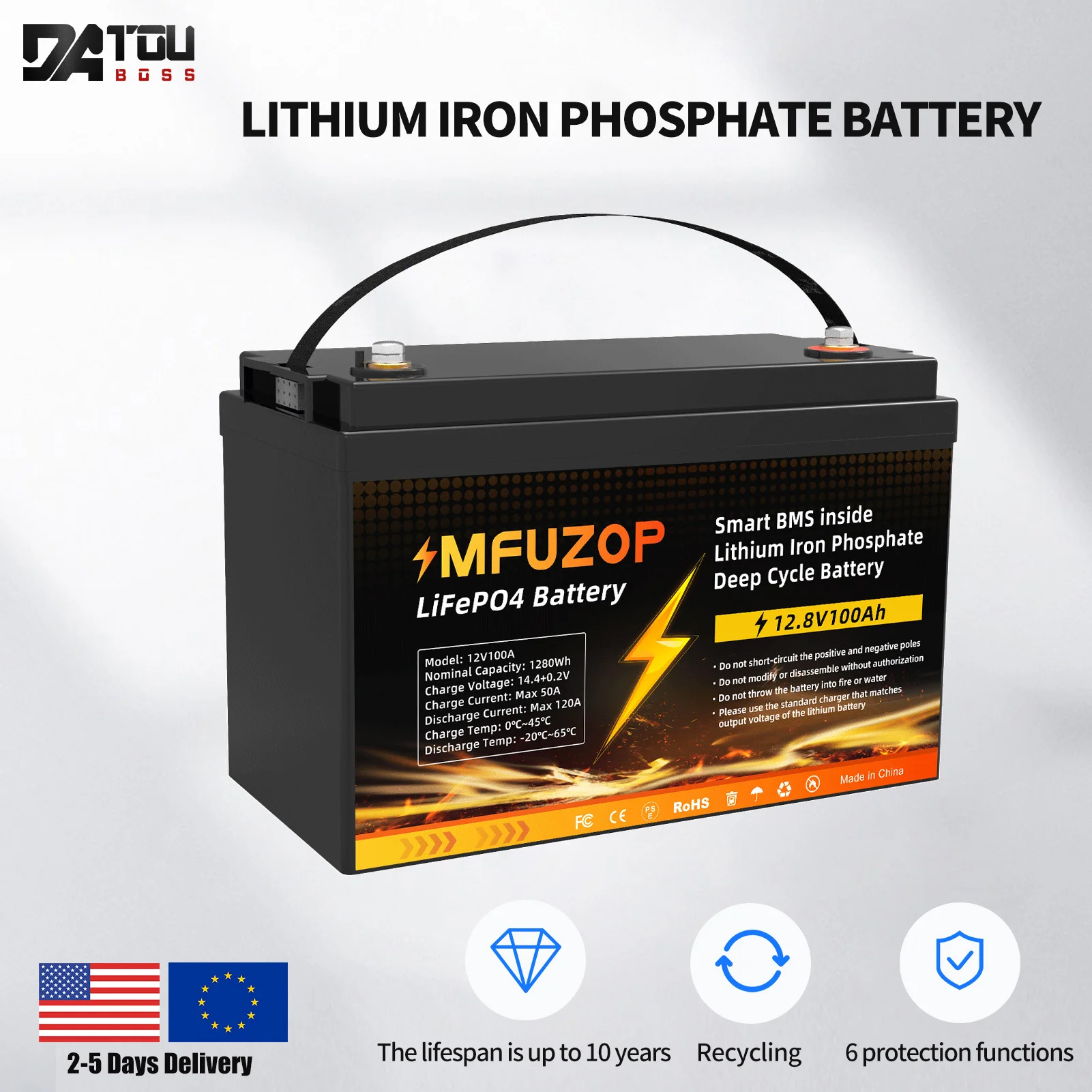 DATOUBOSS 12V LiFePO4 Battery 100Ah 200Ah 300Ah Maintenance-Free Lithium Iron Phosphate Battery for Home Marine Camping Caravan