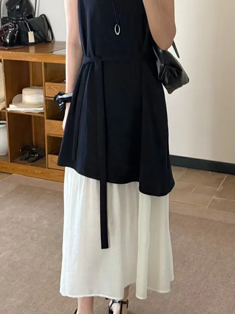 한국 스타일 불규칙한 민소매 패치워크 드레스 여성 슬림 엘레강트 롱 드레스 고급 디자인 여름 패션 드레스