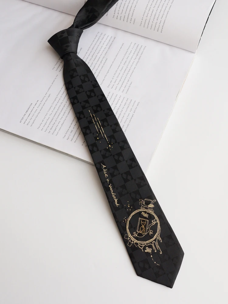 alice-original-design-gold-stamp-edition-black-jkdk-tie-embroidered-flower-rabbit-drifting-bottle-fashion-necktie-accessory