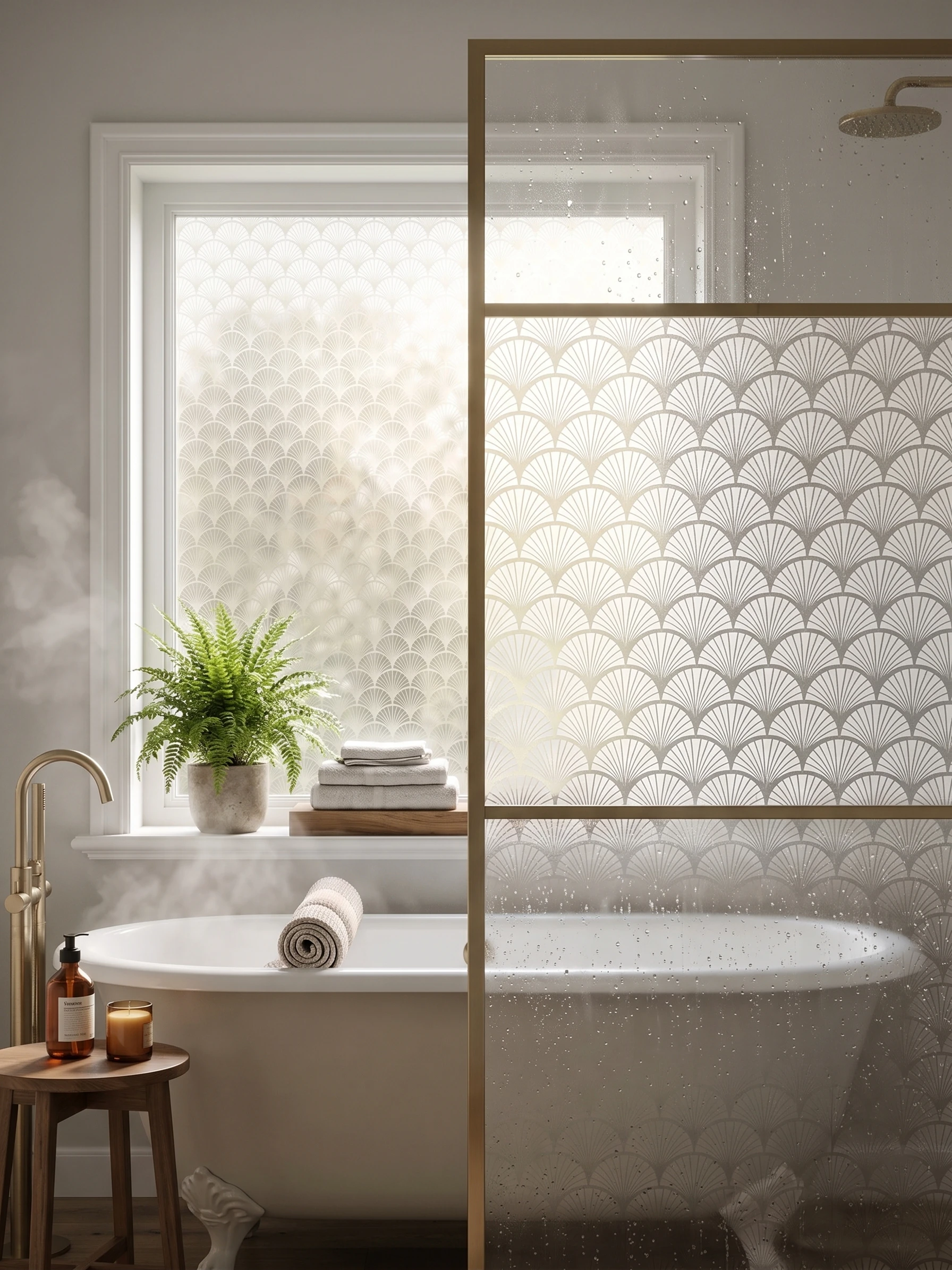 Art Deco Fan Pattern Window Film Self-Adhesive Anti-Peeping Privacy Glass Sticker Light Filtering Waterproof Decor for Bathroom