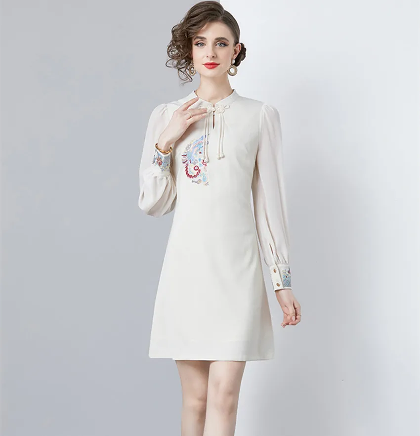 

Chines Style Retro Spring Beading Stand Collar Short Dress 2024 Vintage Women Long Sleeve Phoenix Embroidery Party Mini Vestidos