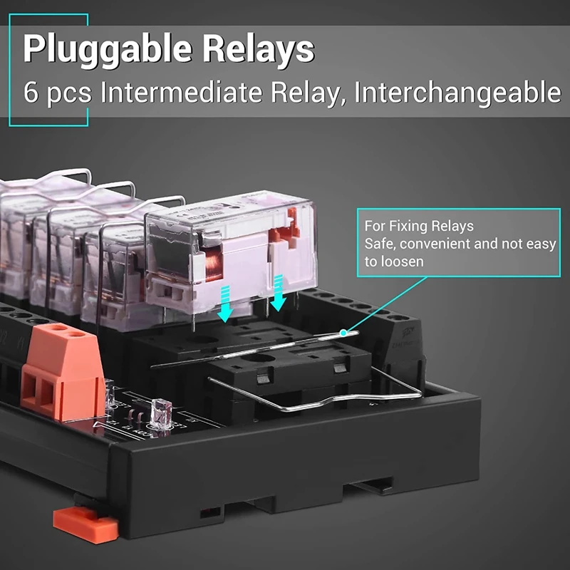 Módulo de relé DC 24V, interruptor SPDT de 6 canales con optoacoplador aislado, montaje en Riel DIN, módulo de relé de potencia enchufable