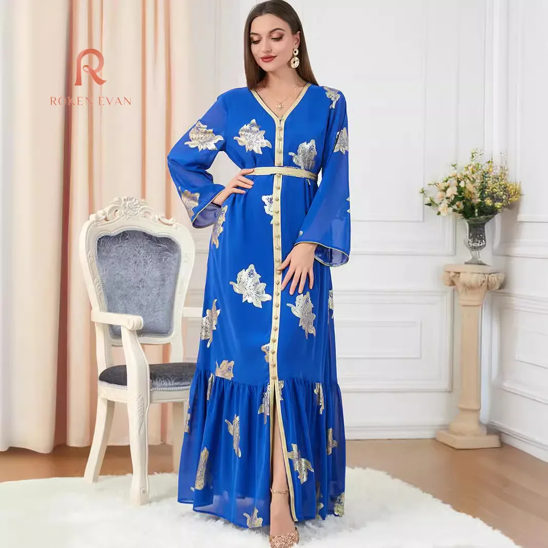 ROKEN EVAN 2024 Jalabiya kaftan dubai turkey golden ribbon trim loose muslim arabic islamic clothing party robe moroccan dress
