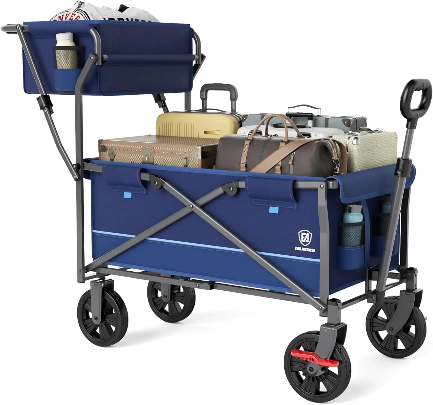 

Collapsible Push & Pull Shopping Cart with Wheels & Brakes, Foldable Wagon for Groceries with Practical Basket, Side Pockets & C