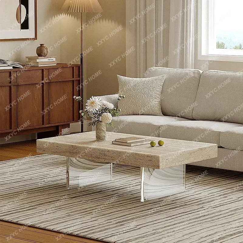 XXModern Minimalist Natural Travertine Coffee Table for Living Room,Style Floating Rectangle Tea Table for Small